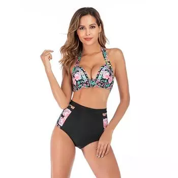 Сексуальный купальник с высокой талией, женский купальник бикини с разрезом и принтом S