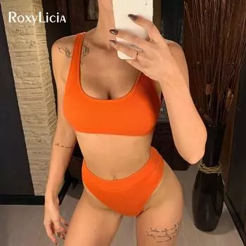 Сексуальный купальник в рубчик с высокой талией, женский купальник из двух частей, комплект бикини, оранжевый купальный костюм S синий