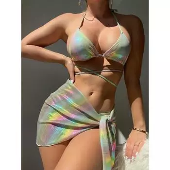 Сексуальный купальник женский летний градиент цвета бикини из трех частей на шнуровке повязка Монокини пляжная одежда с вырезами S