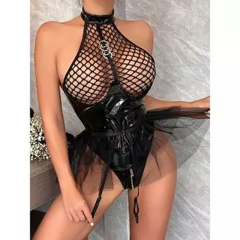 Сексуальный лаковый комбинезон с сетчатыми вырезами на халтере Red S