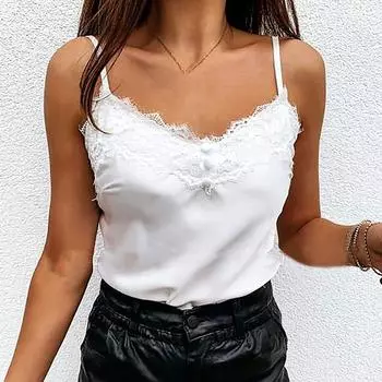 Сексуальный летний женский сексуальный базовый кружевной жилет, повседневный маленький свежий шелковый жилет без рукавов, однотонный цвет M чёрный