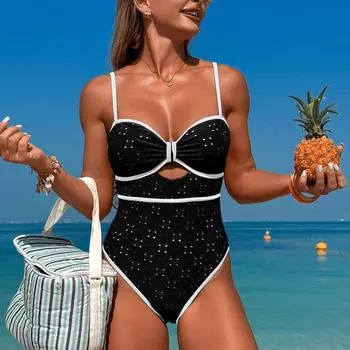 Сексуальный лоскутный купальник цельный купальник бикини с открытой спиной купальник полый купальный костюм S чёрный