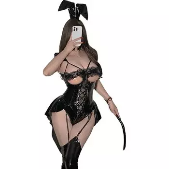 Сексуальный маленький дьяволенок кролик девочка кролик кролик косплей искусственная кожа мо облегающий милый костюм маскировка фотосессия Хэллоуин один размер черный купальник подвязка
