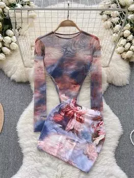 Сексуальный модный сладкий комплект из двух предметов с круглым вырезом и длинными рукавами, прозрачный боди, узкая юбка, винтажный готический комплект с принтом тай-дай S розовый