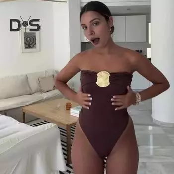 Сексуальный монокини бандо без рукавов облегающий цельный купальник бикини с металлическими украшениями утягивающий живот быстросохнущий цельный купальник L чёрный