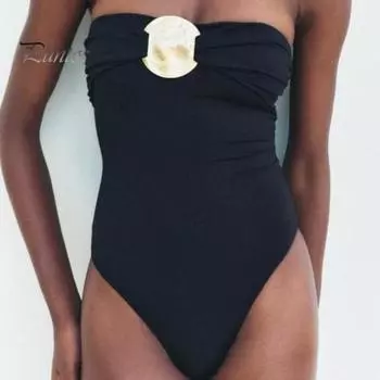 Сексуальный монокини бандо без рукавов облегающий цельный купальник бикини с металлическими украшениями утягивающий живот быстросохнущий цельный купальник S коричневый