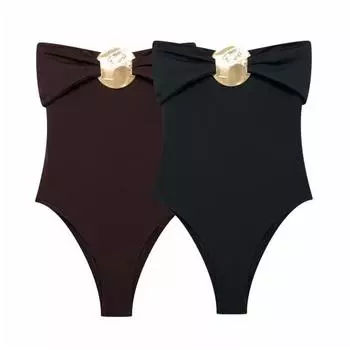 Сексуальный монокини бандо без рукавов облегающий цельный купальник бикини с металлическими украшениями утягивающий живот быстросохнущий цельный купальник S коричневый