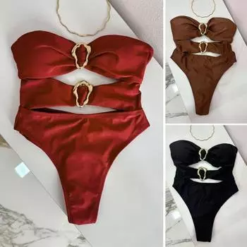 Сексуальный монокини с открытыми плечами, бандо, ажурный дизайн, однотонный слитный купальник с неровными металлическими кольцами, одежда для отпуска S чёрный