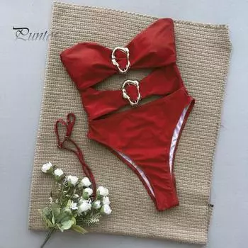 Сексуальный монокини с открытыми плечами, бандо, ажурный дизайн, однотонный слитный купальник с неровными металлическими кольцами, одежда для отпуска S красный