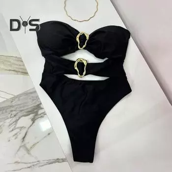 Сексуальный монокини с открытыми плечами, бандо, ажурный дизайн, однотонный слитный купальник с неровными металлическими кольцами, одежда для отпуска S коричневый