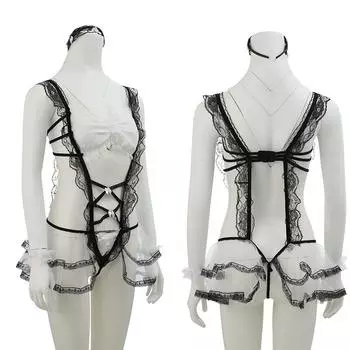 Сексуальный наряд горничной в нижнем белье Сексуальный костюм горничной больших размеров Кружевной соблазнительный открытый костюм One size