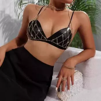 Сексуальный наряд из полой плетеной сетки со стразами и цепочкой на шею для бикини one size fits all золотой