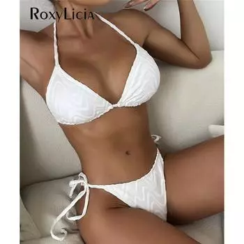 Сексуальный новый морщинистый Холтер на бретельках, женский купальник, женский купальник, комплект бикини из двух частей, купальный костюм, купальный костюм для леди S белый