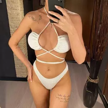 Сексуальный обертывающий морщинистый гофрированный бикини женский купальник женский купальник из двух частей комплект бикини купальный костюм купальный костюм S белый