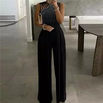 Сексуальный облегающий комбинезон без рукавов большого размера со складками и широкими штанинами XXXXXL чёрный