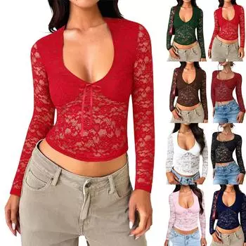 Сексуальный облегающий топ с длинными рукавами и кружевом S