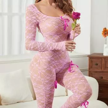 Сексуальный обтягивающий комбинезон из кружевной жаккардовой сетки с длинными рукавами, глубоким вырезом и бантом S