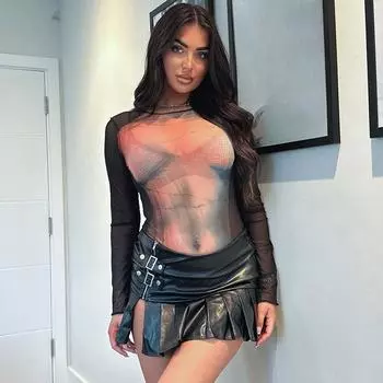 Сексуальный обтягивающий комбинезон с длинными рукавами и круглым вырезом в европейском и американском стиле с сетчатым принтом для женщин S чёрный