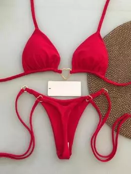 Сексуальный однотонный комплект бикини с бретельками через шею, женский купальник, раздельный купальник с треугольными стрингами, купальный костюм, бразильские бикини S