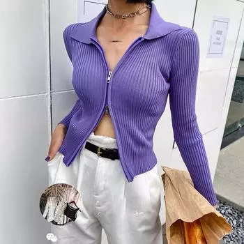 Сексуальный осенне-зимний вязаный кардиган с двойной молнией в полоску, свитер, однотонная короткая куртка, узкий топ с длинными рукавами и отворотом в виде пупка OneSize чёрный