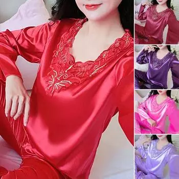 Сексуальный осенний пижамный комплект из шелковистого кружева для сна M красный