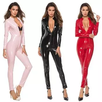Сексуальный открытый промежность латексный комбинезон для женщин эротический ниже выреза боди с двойной молнией глянцевое утягивающее кожаное белье M