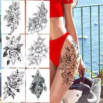 Сексуальный пион Временные татуировки для женщин Цветок Роза Татуировки Наклейка Реалистичные Поддельные Водонепроницаемый Bloosom Body Art Tatoos