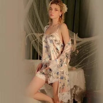 Сексуальный пижамный комплект для женщин, милое и милое кружево, удобный ледяной шелк, женские шорты на подтяжках, куртка, комплект домашней одежды M