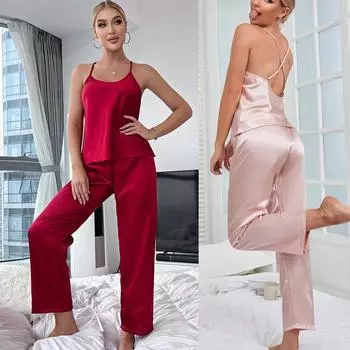 Сексуальный пижамный комплект из искусственного шелка с открытой спиной для женщин, брюки на подтяжках, дышащие пижамы из двух частей, мягкие, удобные, легкие, четырехсезонный комплект пижамы S