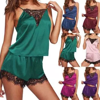 Сексуальный пижамный комплект, женский кружевной пижамный комплект с v-образным вырезом, жилет на бретельках, короткие штаны, одежда для сна M чёрный