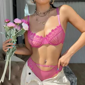 Сексуальный полый бюстгальтер, французский ультратонкий кружевной комплект с вышитыми цветами, нижнее белье для женщин, дышащий бюстгальтер, романтический комплект нижнего белья, трусики S чёрный