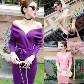 Сексуальный повседневный свитер для женщин, осень-зима 2020, вязаный свитер с v-образным вырезом на спине и крестиком, платье с открытыми плечами, сумка на бедрах, Ealstic, Slim Vestidos M хаки