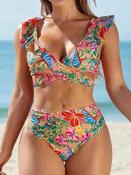 Сексуальный принт бикини 2025 года, женский купальник с завязками, пуш-ап, высокая талия, купальник, женский бразильский пляжный купальный костюм S