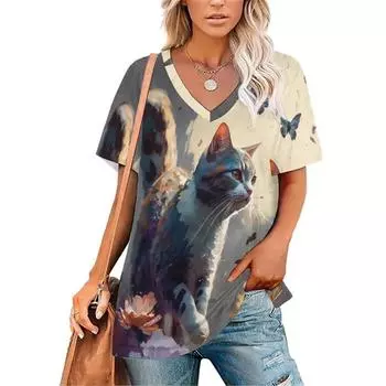 Сексуальный принт с изображением кошек и цветов, V-образный вырез, винтажная футболка, подростковые футболки, одежда унисекс, винтажная уличная одежда, повседневный стиль, модная уличная одежда, топы 2000 года 6XL