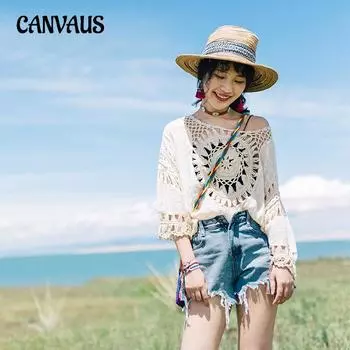 Сексуальный пуловер с крючками, полый полукруглый вязаный свитер, пляжная накидка, летняя женская рубашка для спа с семью рукавами One Size белый