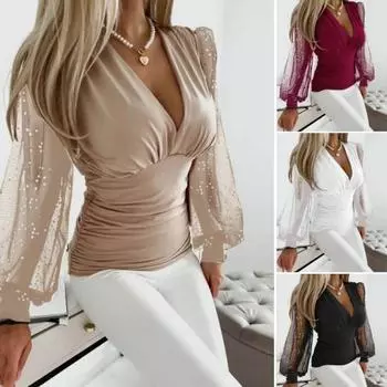 Сексуальный пуловер с v-образным вырезом, офисная женская блузка на весну и осень, элегантный однотонный сетчатый топ с блестками и фонариками, топы с длинными рукавами L белый