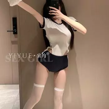 Сексуальный японский кампус гимнастический комбинезон с открытой промежностью женское сексуальное нижнее белье лямки большой размер униформа костюм M