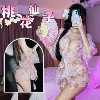 Сексуальный японский пижамный комплект с глубоким V-образным вырезом: Прозрачная блузка и халат One Size