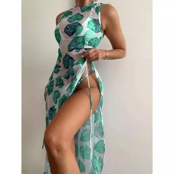 Сексуальный разделенный трехсекционный зеленый купальник бикини с цветочным принтом S красный