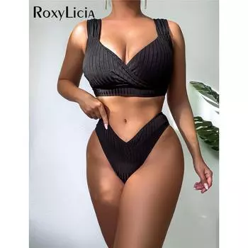 Сексуальный ребристый бикини со средней талией, женский купальник, женский купальник из двух частей, комплект бикини с мягкой подкладкой, купальный костюм, купальный костюм для леди S чёрный