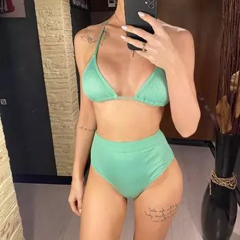 Сексуальный ребристый женский купальник-бикини с высокой талией, женский купальник, комплект из двух частей, купальный костюм для купания S зелёный
