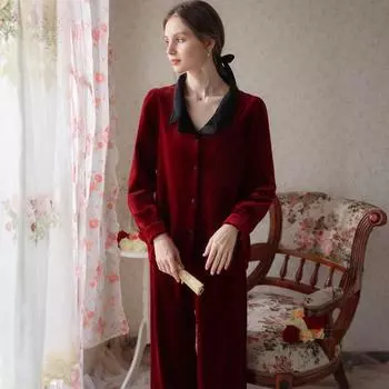Сексуальный ретро бордовый свадебный пижамный комплект осень-зима новый бархатный пижамный комплект домашняя одежда свободная повседневная домашняя одежда M
