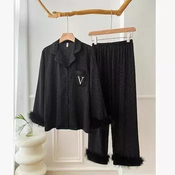 Сексуальный роскошный черный леопардовый брючный пижамный костюм весна-осень женский пижамный комплект с карманом перо шелковый атлас домашняя одежда M синий