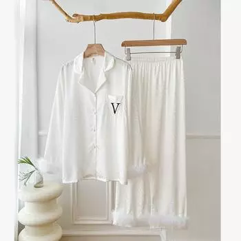 Сексуальный роскошный черный леопардовый брючный пижамный костюм весна-осень женский пижамный комплект с карманом перо шелковый атлас домашняя одежда M синий