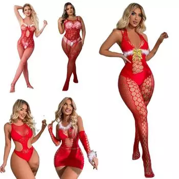 Сексуальный рождественский косплей, женские костюмы Санта-Клауса, боди, чулки, боди, большие размеры, рождественское нижнее белье для женщин A9