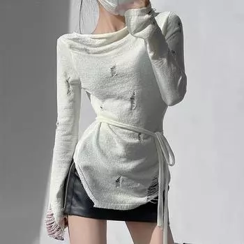 Сексуальный рваный ажурный плиссированный вязаный свитер женский осенний винтажный длинный рукав повседневные свободные женские свитера топы элегантный круглый вырез трикотаж 24828 One Size белый