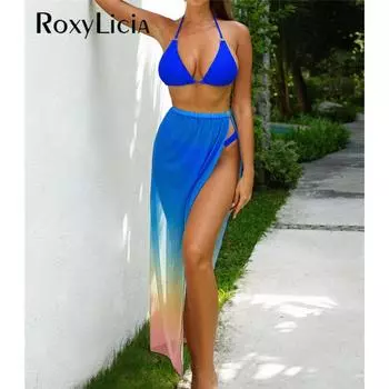 Сексуальный с юбкой-халтер бразильский бикини женский купальник женский купальник из трех частей комплект бикини купальный костюм купальный костюм S синий