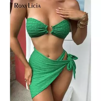 Сексуальный саронг-бандо, бикини со средней талией, женский купальник, женский купальник, комплект из трех частей, купальный костюм для плавания S чёрный