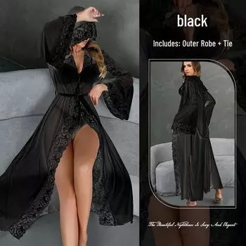 Сексуальный сетчатый халат с капюшоном и кружевной отделкой, нижнее белье с поясом L чёрный