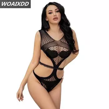 Сексуальный сетчатый облегающий боди для женщин, кружевная сетка, прозрачный длинный рукав, ажурный женский трико размера плюс, комбинезон, топ XXS